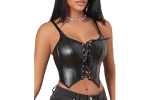 SEAUR Sexy Leather Top for Women PU Lace Up Bustier Corset Adjustable Drawstring Push Up Sleeveless Shapewear S-XL