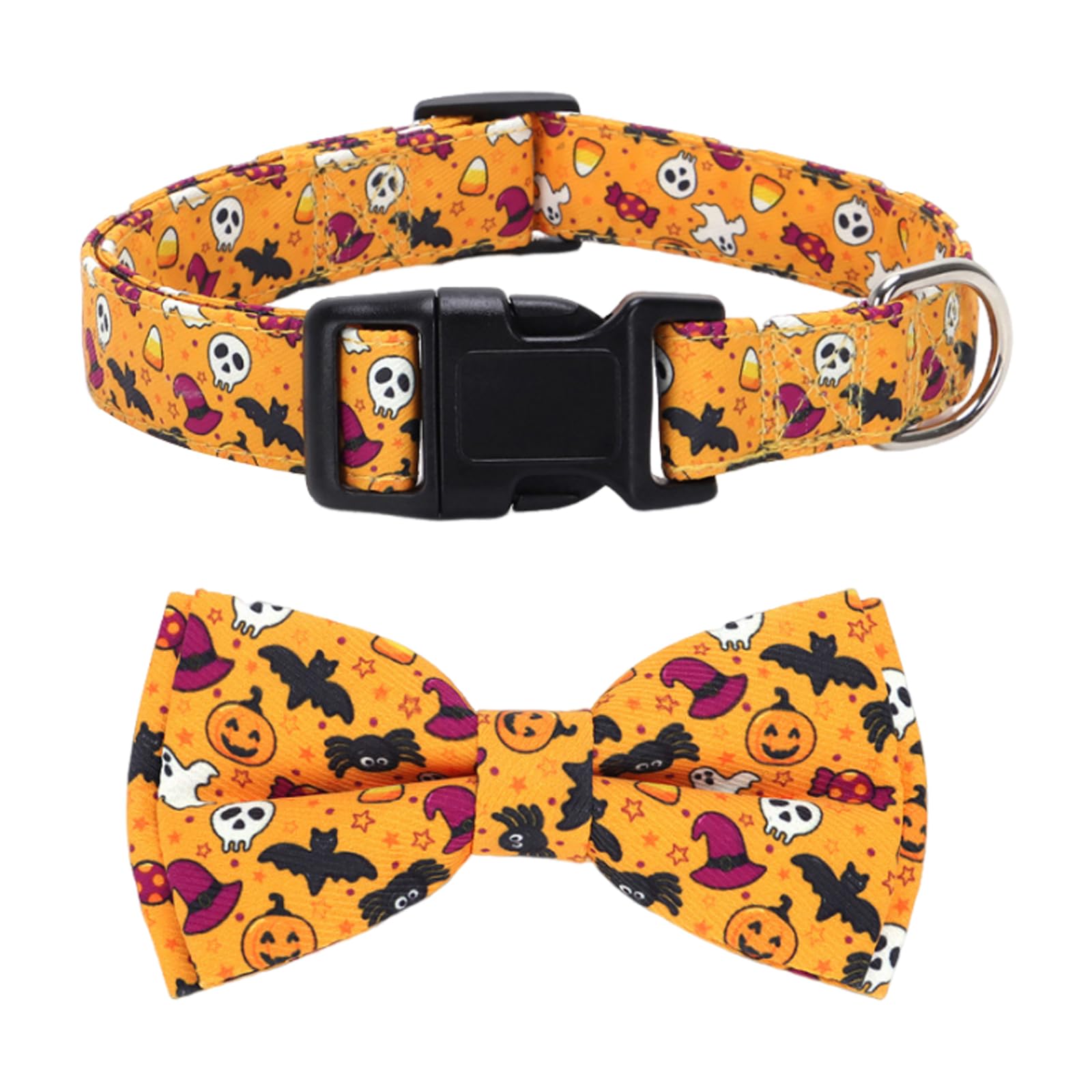 JEKUGOT Halloween Dog Collar, with Halloween Dog Bow, Adjustable Dog Collars for Small Medium Large Dogs,Durable Adjustable and Comfortable Collar (Yellow-XL)
