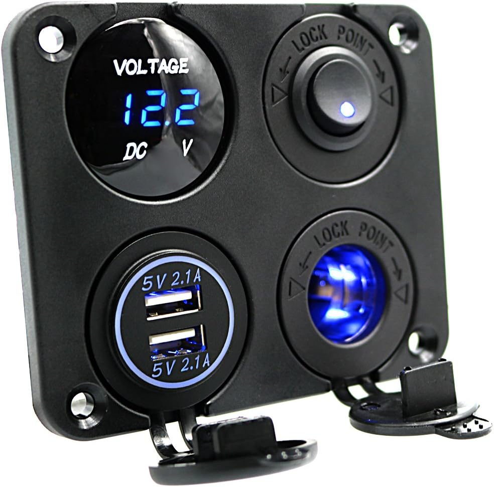 Toggle Switch Panel,Ausdin Dual USB Socket 4.2A Charger Blue LED Voltmeter 12V Power Outlet ON-OFF Toggle Switch Four Functions Panel for Car Boat Marine RV Truck Camper Vehicles GPS Mobiles