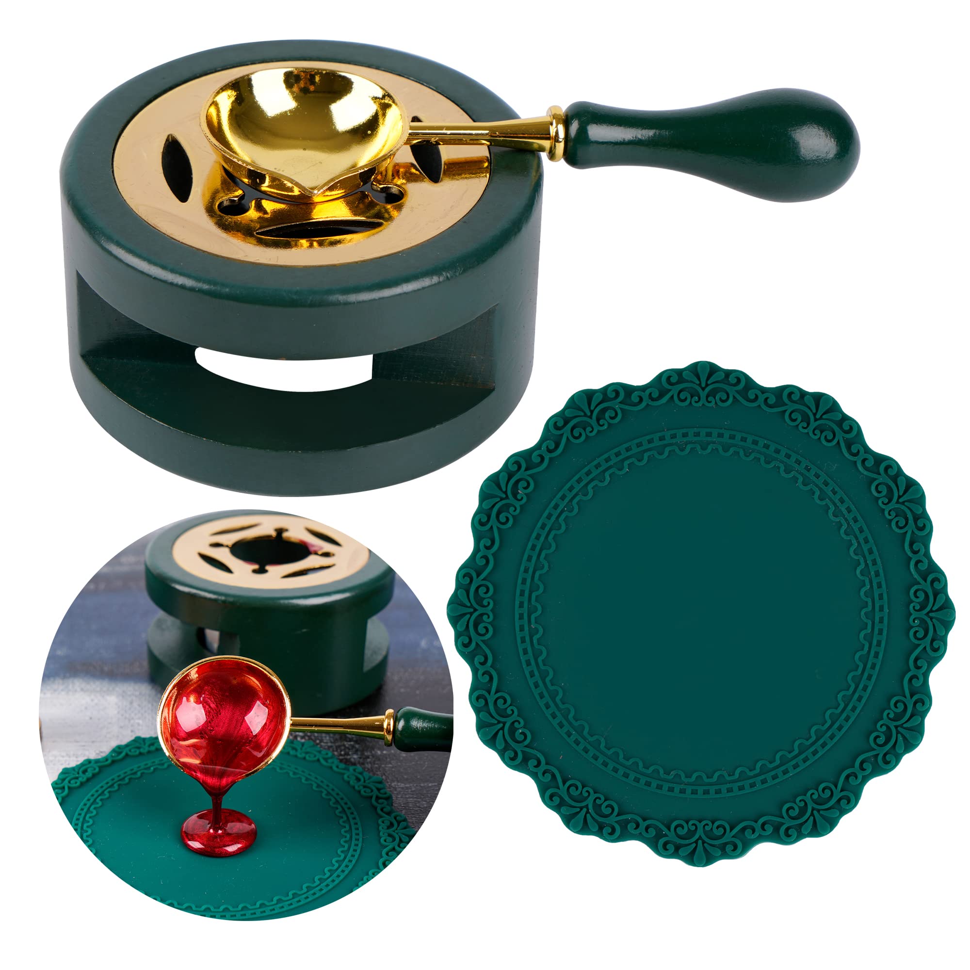WARFEL Wax Seal Kit with Furnace, Spoon, Silicone Pad for Melting Wax Beads or Sticks (Green)