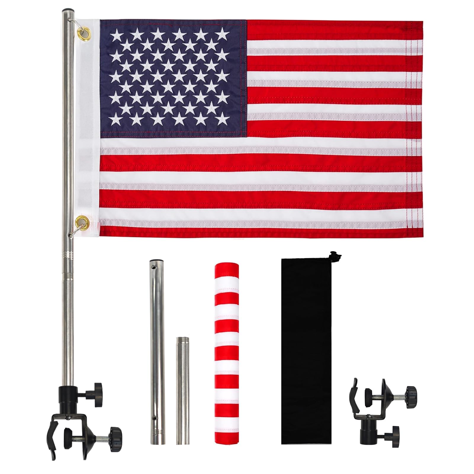 Photo 1 of American Boat Flag Pole Kits Marine 12"x18", Stainless Steel Boat Flag Pole with 1x Storage Bag, Adjustable Flagpole Holder with 50 Embroidered Stars American Flag Boat Accessories