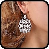 YienDoo Boho Large Filigree Hoop Drop Dangle Earrings Vintage Tribal Ethnic Hollow Carved Earrings Silver Gypsy Geometric Floral Statement Earrings Wedding Prom Earrings Jewelry for Women