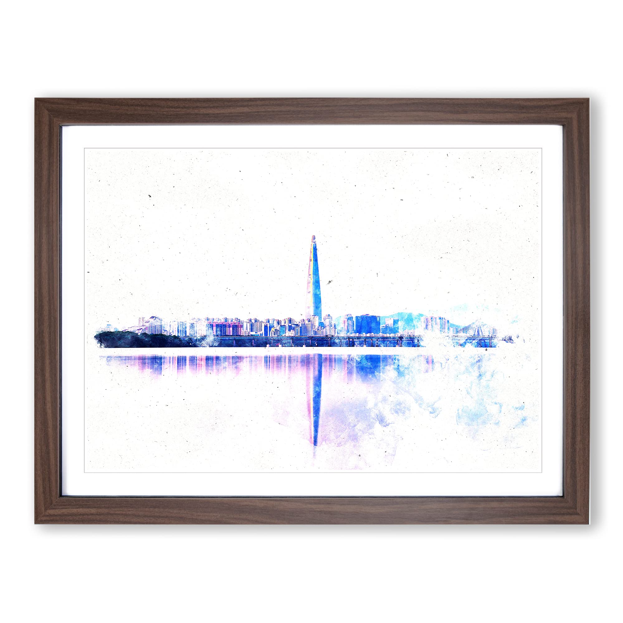 Seoul Skyline In South Korea Watercolour Modern Framed Wall Art Print, Ready to Hang Picture for Living Room Bedroom Home Office Décor, Walnut A4 (34 x 25 cm)
