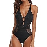 SOCIALA Women's Crochet One Piece Swimsuits V Neck High Waist Bathing Suit Sexy Hollow Monokini Swimwear