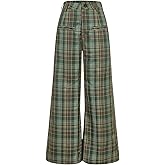 OYOANGLE Women's Plaid Wide Leg Pants High Waisted Checkered Pants Y2K Casual Vintage Straight Trousers with Pockets