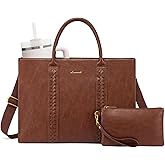 LOVEVOOK Laptop Tote Bag for Women, Vintage Leather Work Bag With Cup Holder, Waterproof Computer Purse, Professional Briefcase Office Shoulder Handbag, 15.6 Inch, Brown