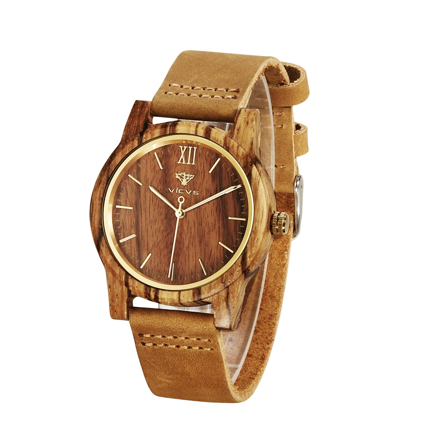 VICVS Wooden Watches for Men and Women, Natural Walnut/Olive Wood Japanese Quartz Chronograph, Adjustable Strap, Military Sports and Leisure (Zebra-1)