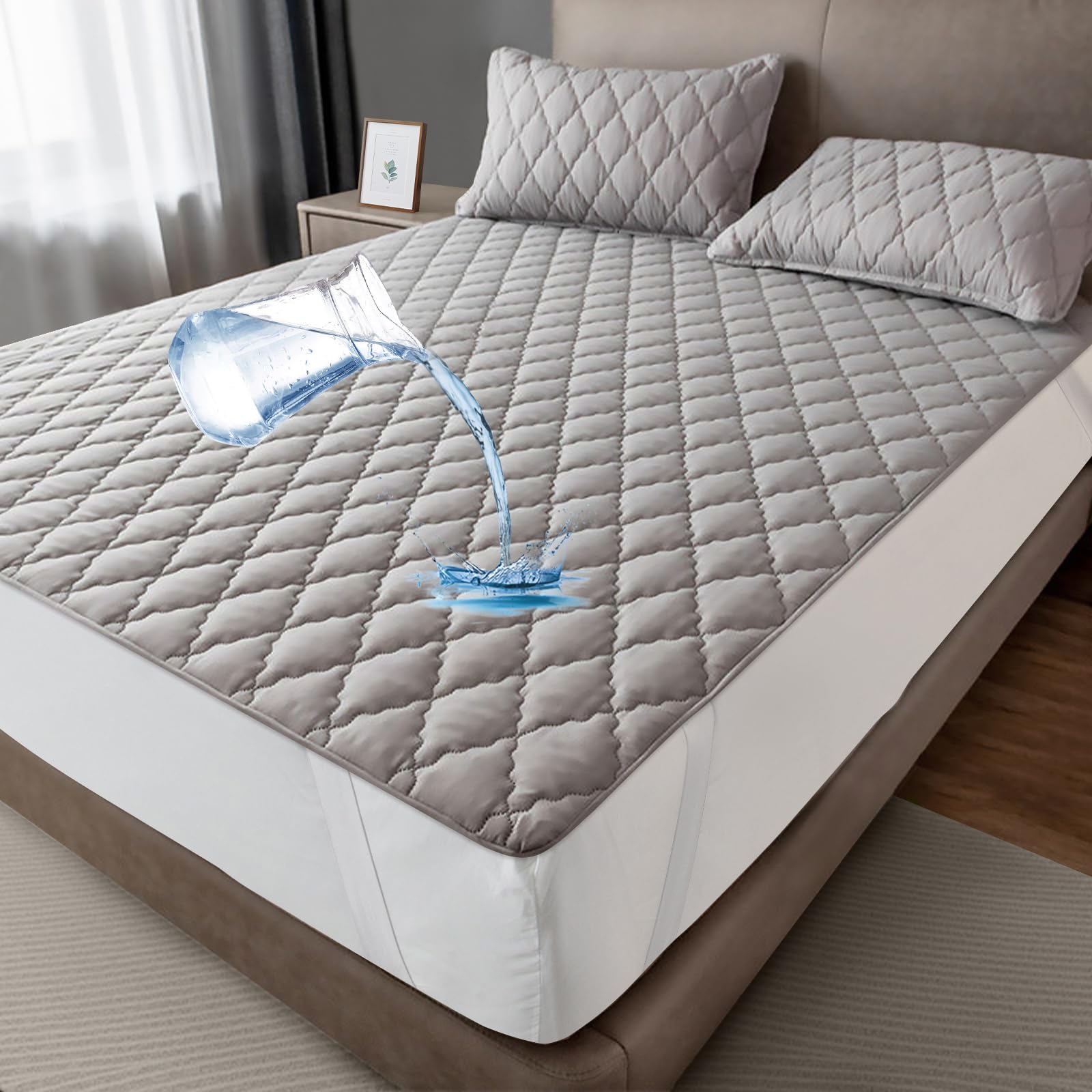 mafudoxi Waterproof Mattress Protector 200 x 200 cm, Breathable Mattress Topper, Microfibre Mattress Cover, Waterproof Mattress Protector, Incontinence Underlay, Washable, Grey