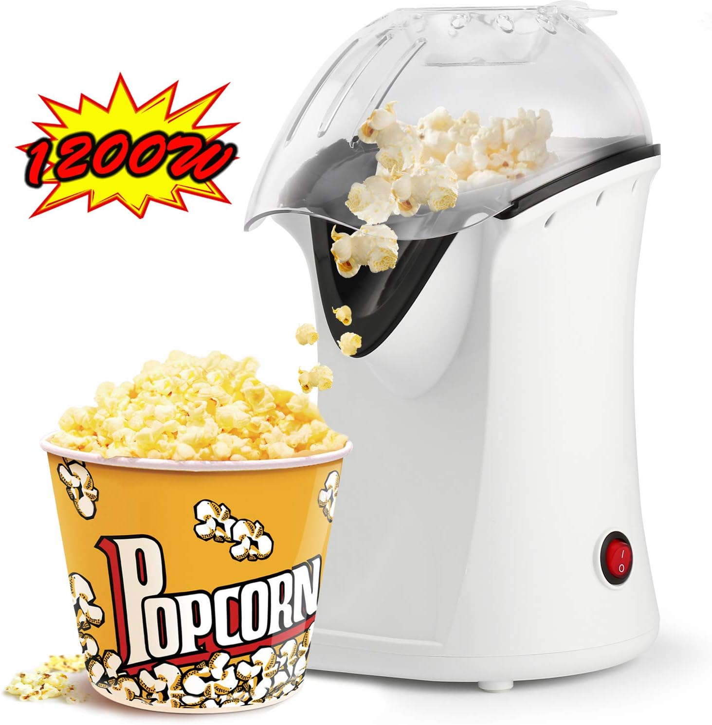 Popcorn Maker, Popcorn Machine, 1200W Hot Air Popcorn Popper Healthy Machine No Oil Needed (White)