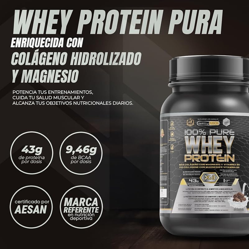 Whey Protein | Proteína Whey pura con Colágeno + Magnesio | Mejora tus entrenamientos | Protege y aumenta la masa muscular | 1000g de proteína (Chocolate)