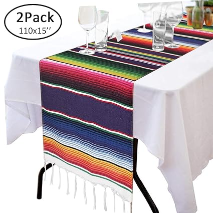 110 X 15 Mexican Blanket Table Runner For Cinco De Mayo Decorations Hand Woven Table Cloth Fiesta Party Supplies Fringe Cotton Mexican Serape