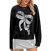 ShawGobow Cute Bow Sweater,Soft Fluffy Sweaters for Women,Christmas Holiday Valentines Fuzzy Top