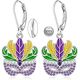 Mardi Gras Earrings Sterling Silver Small Mardi Gras Earrings for Women Dangle Studs Feather Mask Earring Womens Jewelry
