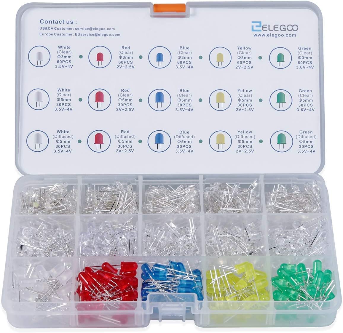 ELEGOO 600pcs Assorted LED Diodes Kit 3mm & 5mm, Diffused and Clear Round LED Bulb Lamp Components in 5 Colors (Red, Blue, Yellow, Green, White) for Arduino and Electronics DIY