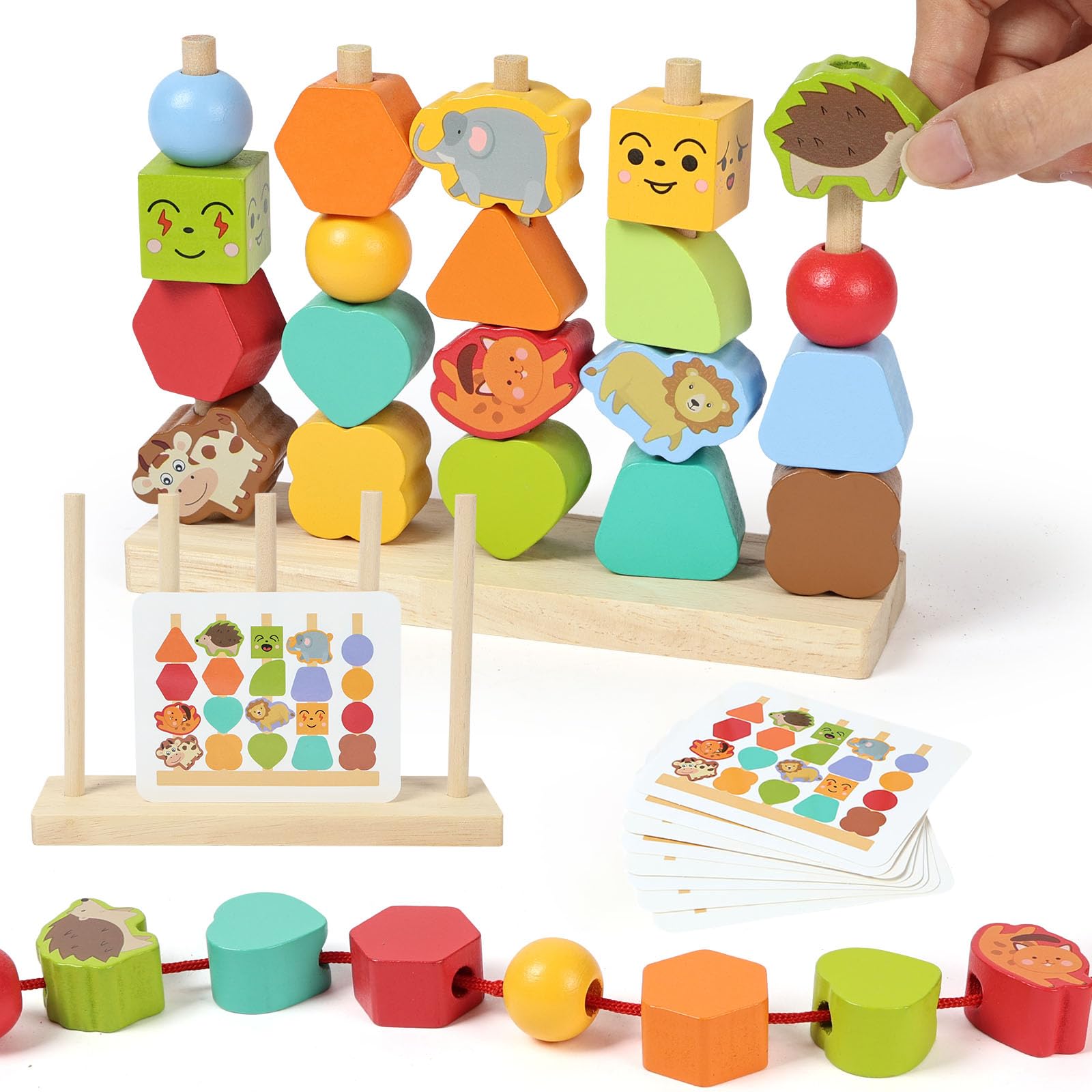 AOOTE Wooden Beads Sequencing Toy Set, Montessori Wooden Toys for Boys and Girls, Stacking Blocks & Lacing Beads & Matching Shapes, Threading Bead Stacking Blocks Toys for Toddlers 3+ Year Old