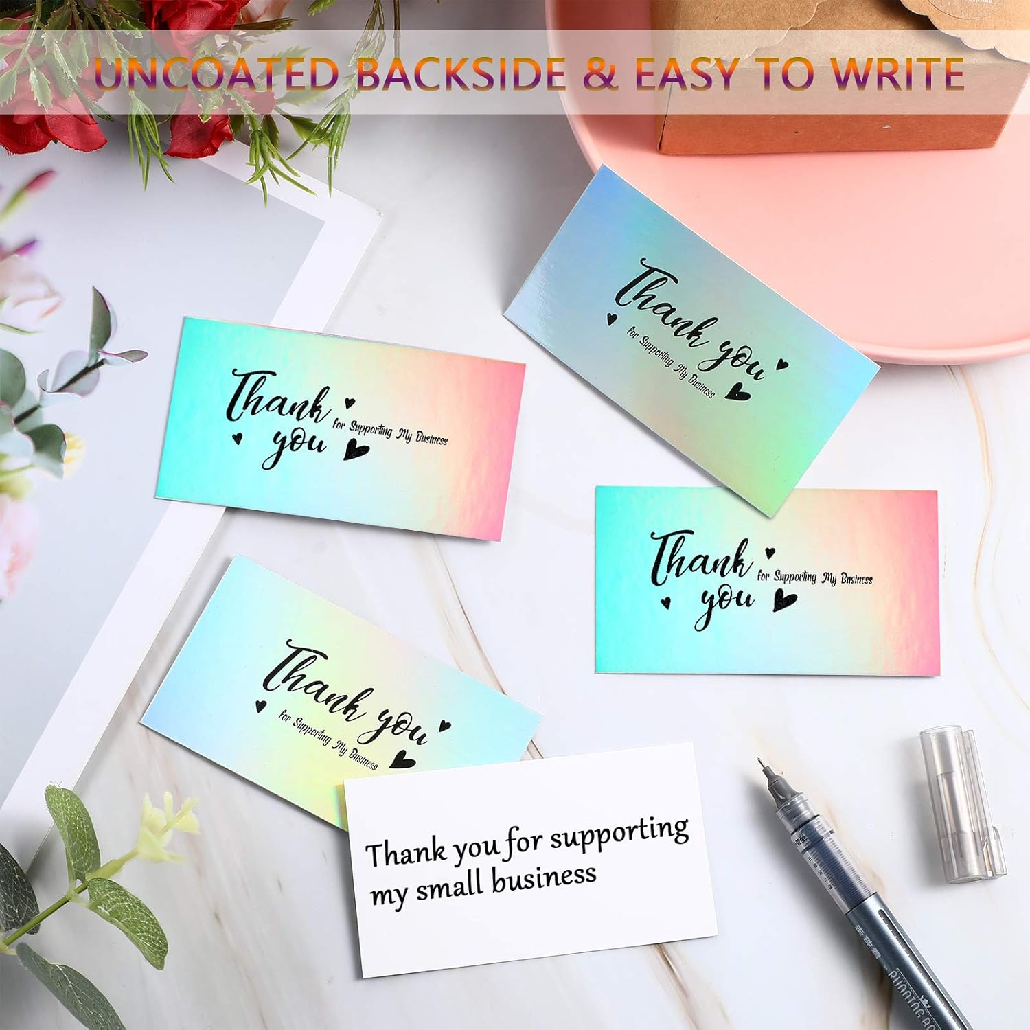 100 Pieces Thank You for Supporting My Small Business Cards, Holographic Silver Thank You Cards for Small Business Owners E-Commerce Retail Store Handmade Goods Customer Package Inserts, 3.5 x 2 Inch : Office Products