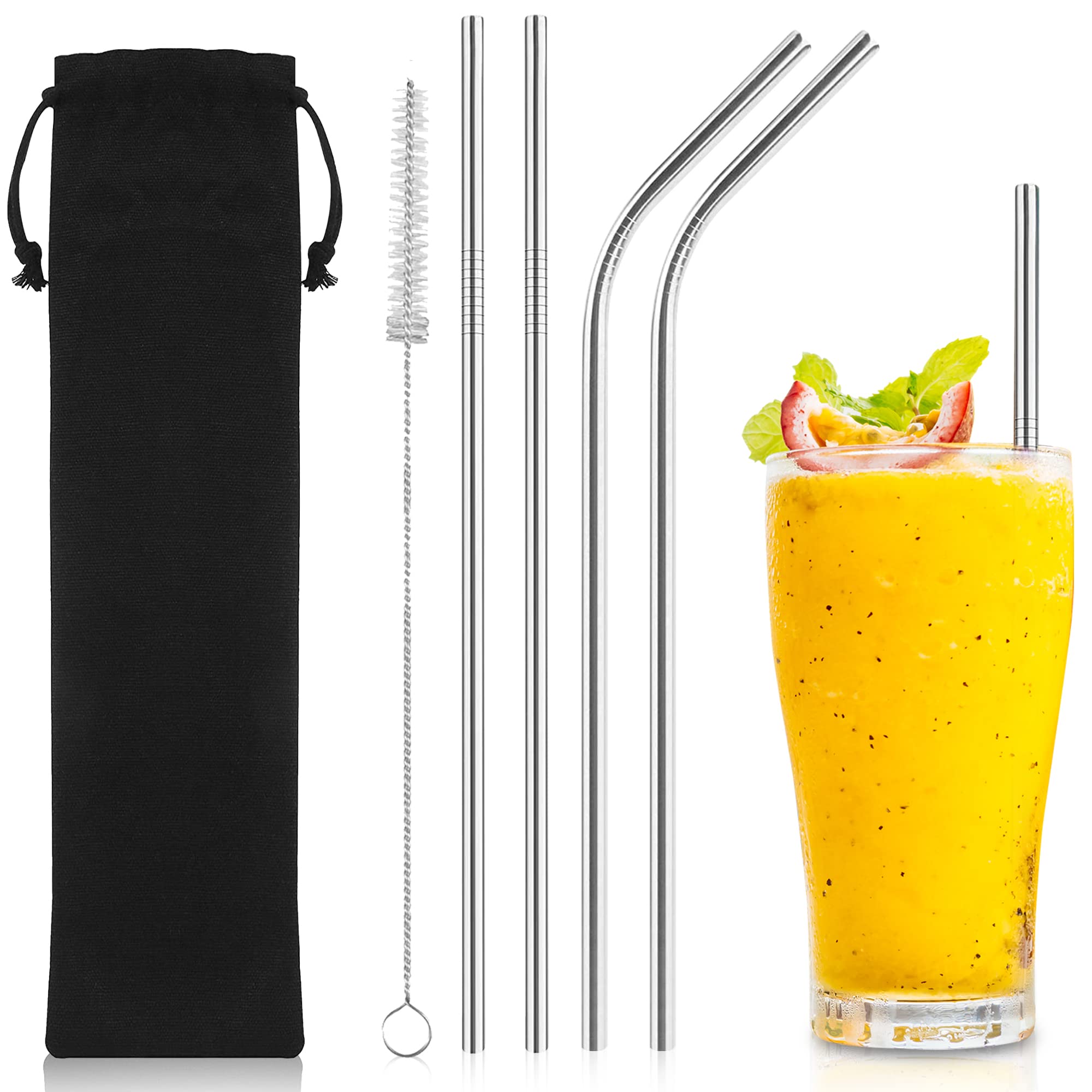 iShop Reusable Stainless Steel Straws Set of 4 Sliver – Metal Drinking Straws with Cleaning Brush & Velvet Pouch – Dishwasher Safe, BPA-Free, Perfect for Smoothies, Iced Coffee, Juice & Cocktails