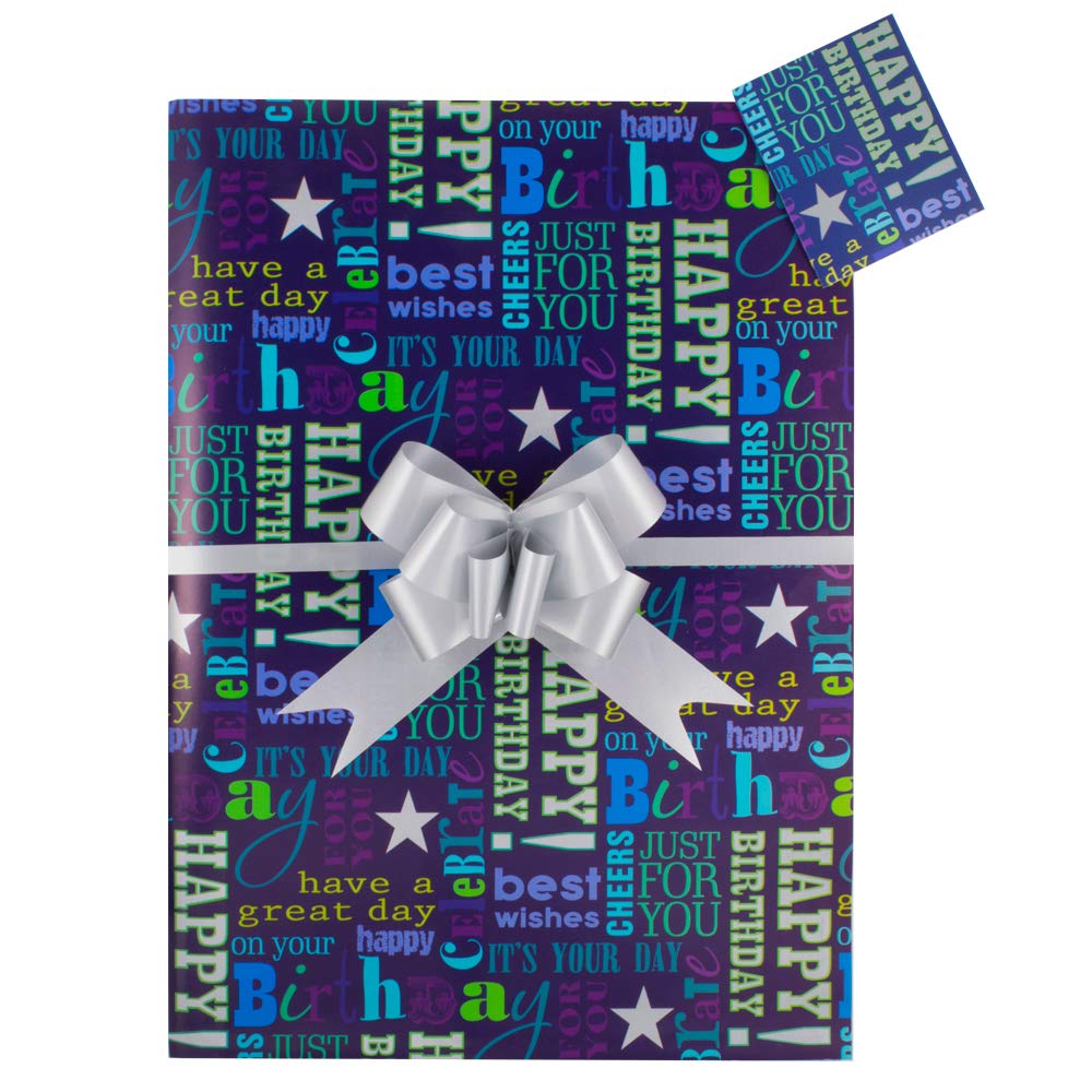Happy Birthday Gift Wrap Pack, Blue, Two Sheets, Two Matching Gift Tags and Two Matt Silver Pull Bows. Arrives in an A4 Boarded Envelope for Protection, Men’s Birthday Gift Present