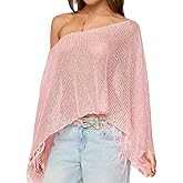 Women Sheer Poncho Fringe Crochet Top Beach Cover Up One Shoulder Glitter Shrug Shawl Summer Top