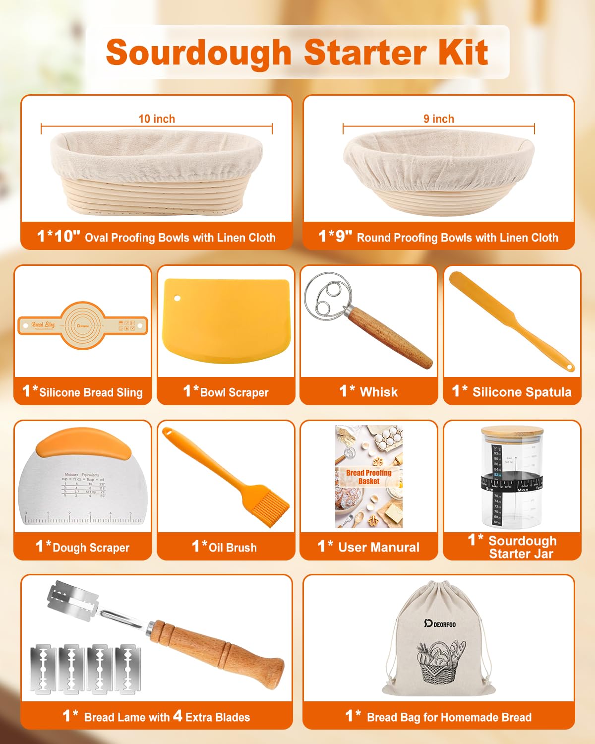 Sourdough Bread Baking Supplies Tools,10 Inch Oval & 9 Inch Round Banneton Bread Proofing Basket Set,Sourdough Starter Kit Gift for Bread Making (white with Starter Jar)