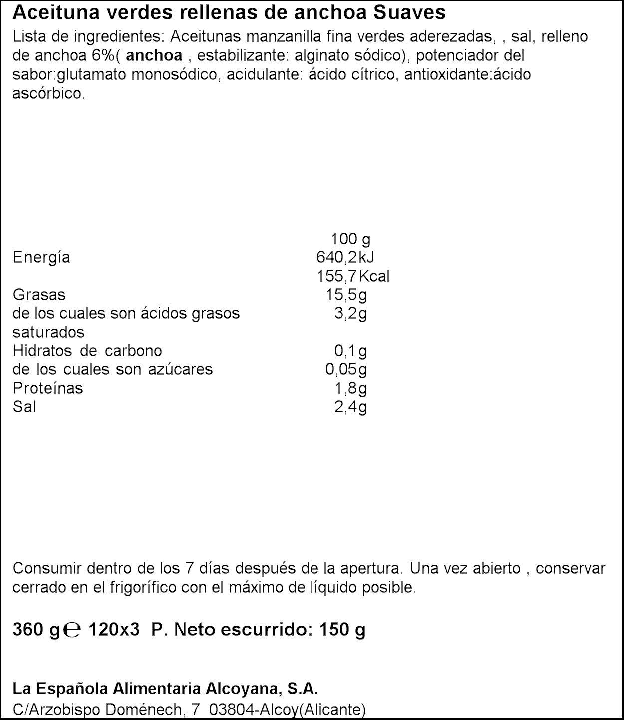 La Española - Aceitunas verdes rellenas de anchoa suaves - 3 x 120 ...