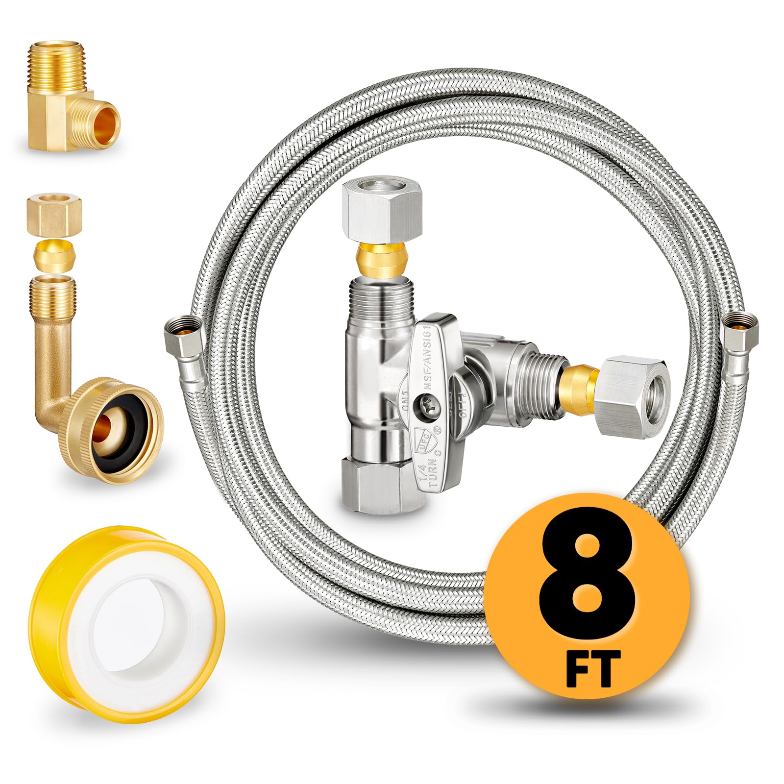 Photo 1 of Dishwasher Hose Installation Kit - Includes Water Supply Line, 3/8" Compression Water Splitter, 3/4" FHT Elbow, and 3/8" MIP Elbow (8 FT)