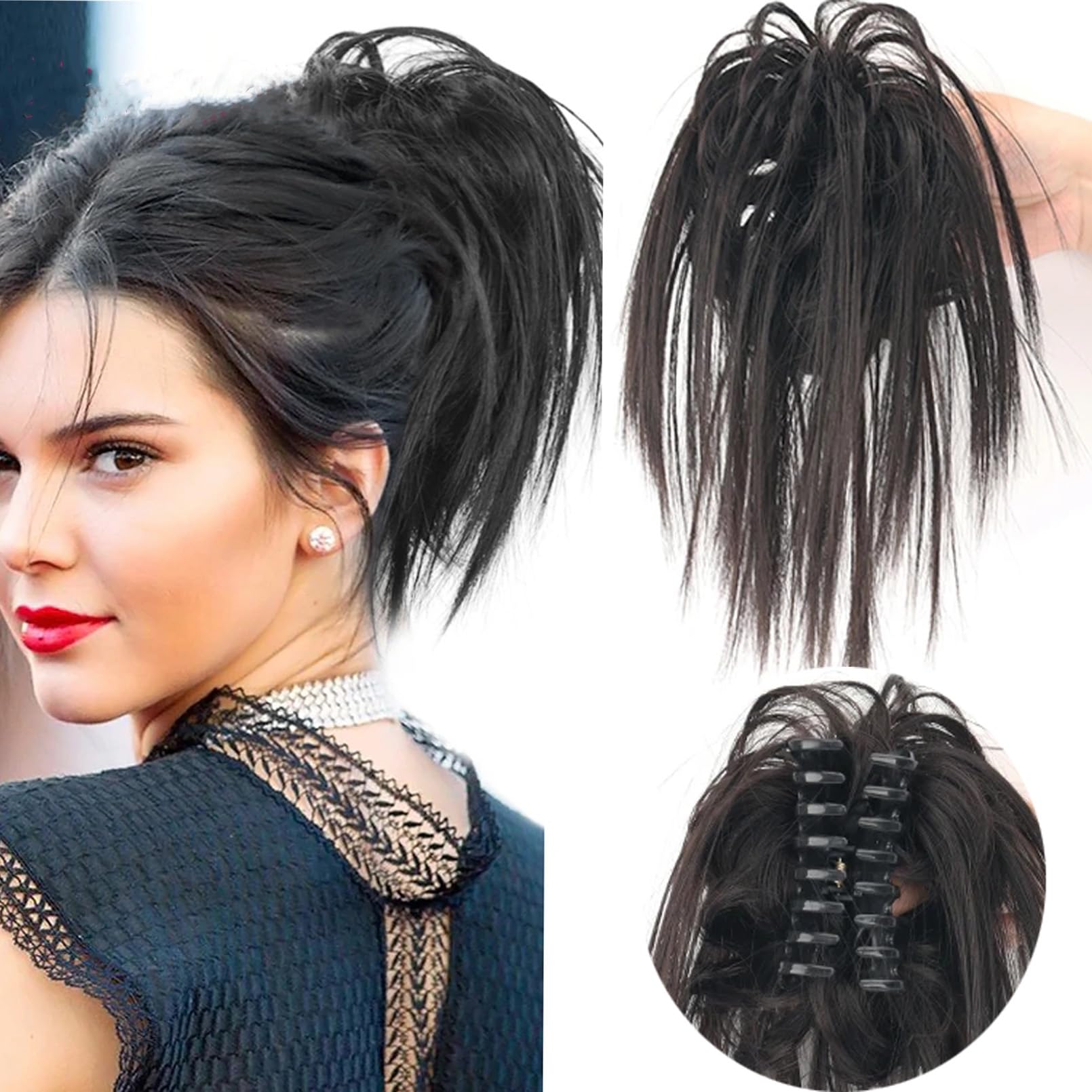 Claw Hair Ponytail Messy Fluffy Bun Chignon Scrunchies Hairpiece Fake Clip-in Extension For Women Girls (Black)