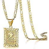 KissYan Zodiac Pendant Necklace for Women Men, 14K Gold Plated Square Constellation Sign Horoscope Figaro Chain Jewelry Birthday Gift