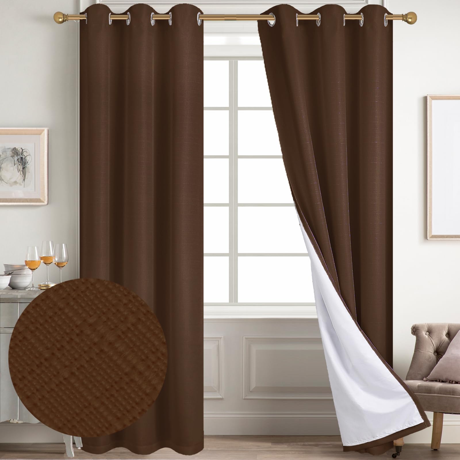 Diraysid 100% Blackout Curtains Chocolate Brown Linen Curtains for Bedroom Grommet Thermal Insulated Room Darkening Drapes (2 Panels, W42 x L84 Inch) Image