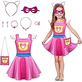 PixiePicks Girls Superhero Dress with Mesh Sleeves,Cat Eyes Mask and Cute Necklace for Halloween Birthday Party Outfits
