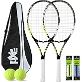 HXE Tennis Rackets for Adults, 2 Player Pre-Strung 27 inch Recreational Tennis Racquet Set for Beginner and Professional with 2 Balls, 2 Overgrips and 1 Carrying Bag