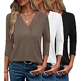 Bliwov 3 Pack Womens Summer Tops V Neck 3/4 Sleeve Loose Tshirts Business Casual Beach Trendy Blouses Spring Clothes Outfit