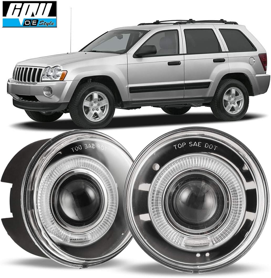 CPW OEM Fog Lights Fit For 2007-2009 Chrysler Aspen/300, Fog Lamps For 2007-2009 Dodge Durango/Dakota, Driving Halo Ring Projector Fog Lights For 2006-2010 Jeep Commander/Grand Cherokee (Black/Clear)
