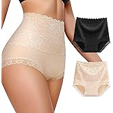 BOKIOW Women High Waisted Cotton Underwear Sexy Soft Lace Panties Breathable Full Coverage Ladies Brief Multipack