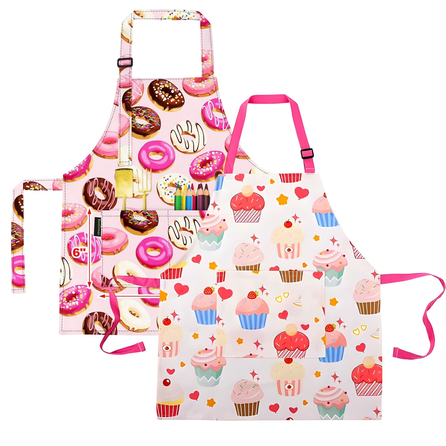 MOTIBACK 2Pcs Kids Aprons for Cooking, Adjustable Children's Waterproof Play Aprons, Pink Donut & Cake Design, Toddler Apron for Baking, Painting & Arts Crafts