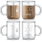 Hsei 4 Pack Beaker Mug, 16 oz Borosilicate Glass Coffee Cup, Caffeine | Molecule Print, Borosilicate Glass, Chemistry Lab Science Gift, Graduated Marks, Handle Grip, Hot Cold Drinks
