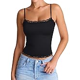 PINKMSTYLE Women's Sexy Square Neck Lace Cami Tank Tops Fitted Double Lined Sleeveless Crop Spaghetti Strap Summer Y2k Tops
