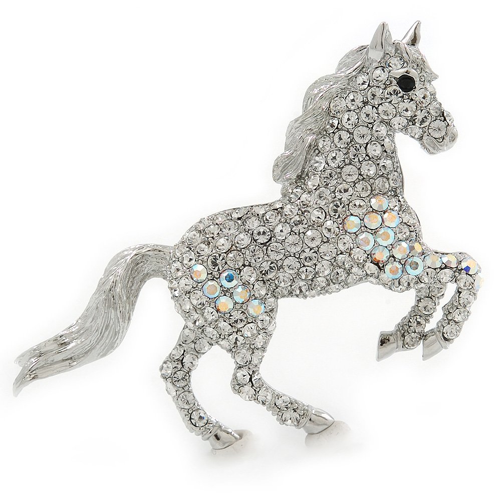 Clear/AB Pave Set Austrian Crystal 'Horse' Brooch - 65mm Across