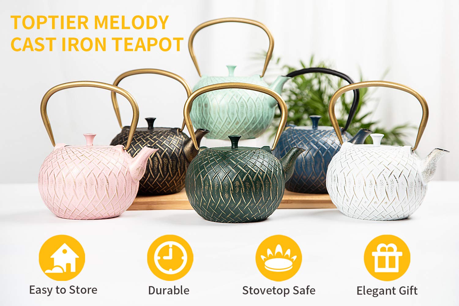 Tea Kettle, Toptier Japanese Cast Iron Tea Kettle for Stove Top, Stovetop Safe Teapot with Infusers for Loose Tea, 34 Ounce (1000 ml), Turquoise Melody