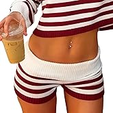 DSORVICD Women Striped Knit Micro Shorts Fold Over Elastic Waist Slim Fit Mini Bottom Y2k Lounge Sweater Shorts