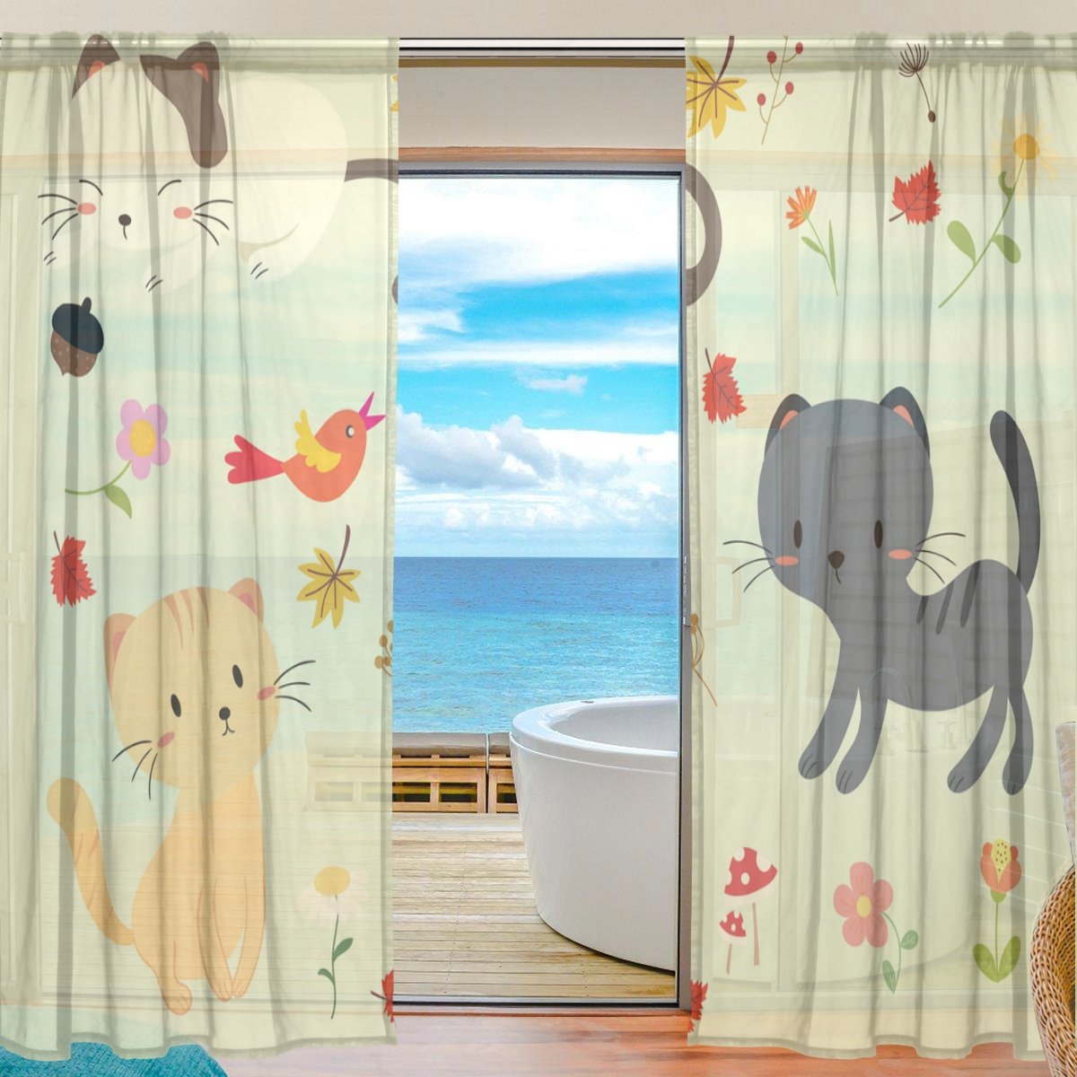 Xmcl Cute Cat Sheer Curtains Window Decorative Long Extra Wide For