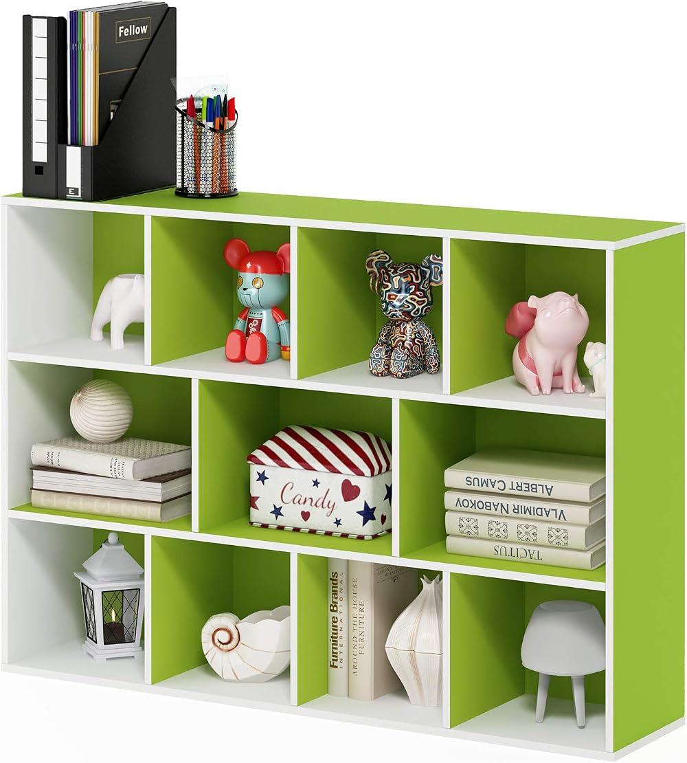 Furinno LUDER 11-Cube Bookshelf White Green 73.9W x 105.9H x 23.9D cm