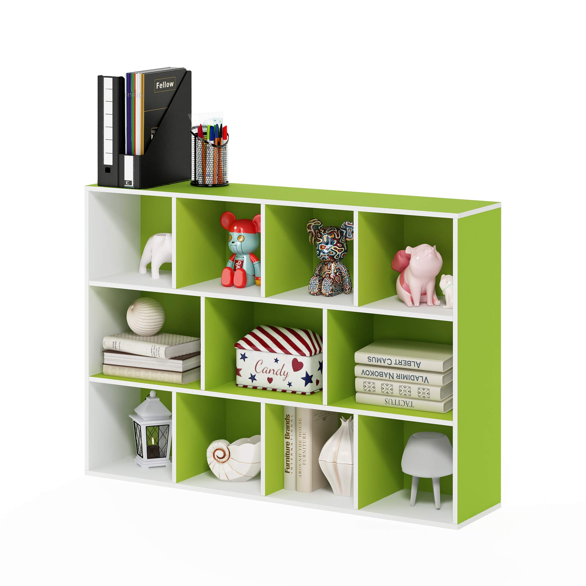 Furinno LUDER Book Shelf, 11-Cube Bookshelf, Reversible Bookcase, 9.4 x 29.1 x 41.7, for Living Room, Bedroom, Home Office, White/Green