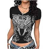 RoseSeek Women's Sparkly Rhinestone Goth T Shirts Short Sleeve V Neck Tight Shirt Summer Going Out Crop Tops