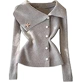 MakeMeChic Women's Long Sleeve Cardigan Sweater Winter Pearl Beaded Collared Business Button Down Sweater
