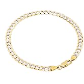 Nuragold 10k Real Yellow Gold Solid Cuban Curb Link 5mm Diamond Cut Pave Chain Bracelet (7"-9") Two Tone Italian Jewelry for Men & Women