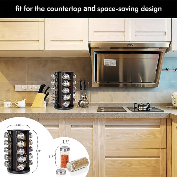 EBIZ&TECH 20-JAR STAINLESS STEEL ROTATING SPICE RACK WITH NON-SLIP BASE – KITCHEN COUNTERTOP ORGANIZER FOR EASY ACCESS AND STORAGE OF SPICES (BLACK)