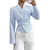 Milumia Women's Striped Long Sleeve Wrap Blouse Asymmetrical Collared Dressy Casual Shirt Tops