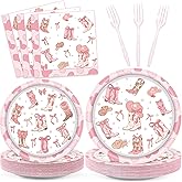 96 Pcs Cowgirl Party Supplies, Western Cowgirl Birthday Party Decorations Plates Set Includes Plate, Napkin, Forks, for Girl Birthday Decorations Baby Shower- Serve 24