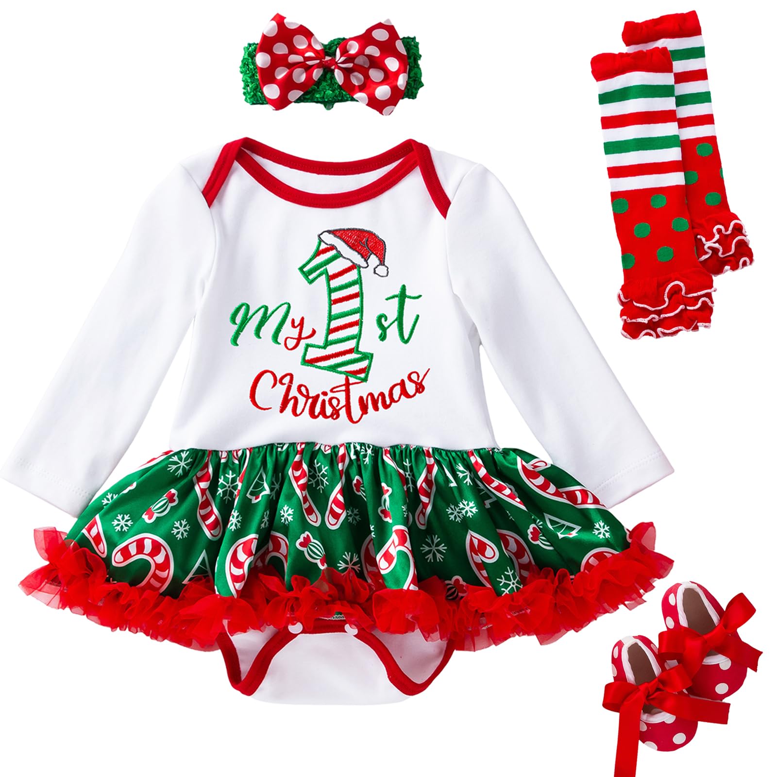 Photo 1 of ** MISSING DRESS **   Baby Girls First Christmas Outfit Newborn Romper Tutu Dress Infant Xmas Skirt with Shoes Headband Leg Warmer